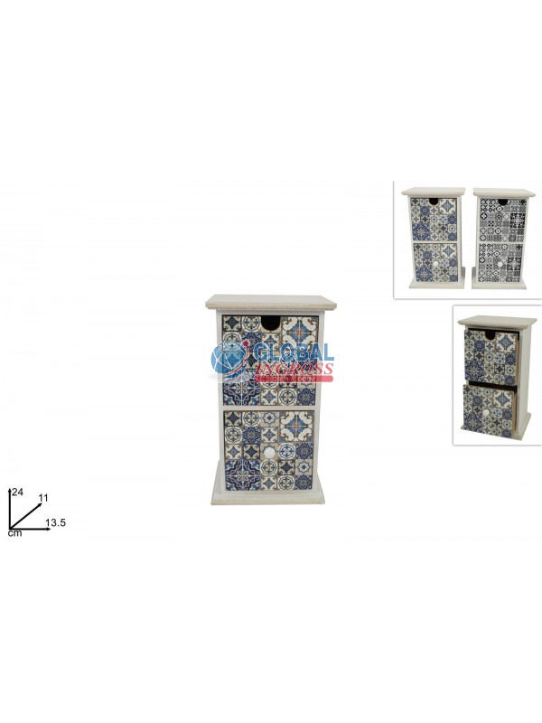 MOBILETTO 2 CASSETTI BIANCO LEGNO DECORO MAIOLICA