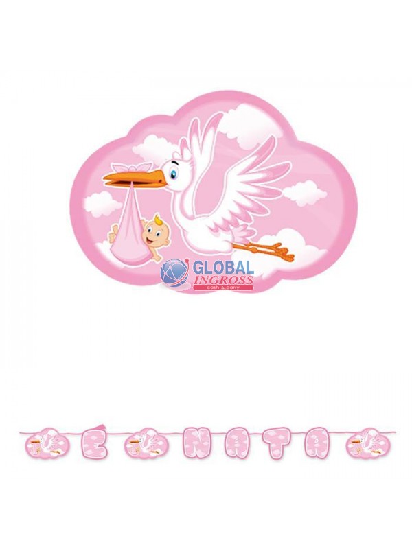 KIT SCRITTA E' NATA CICOGNA ROSA 6mt