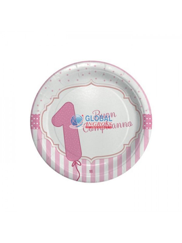 PIATTI BUON 1'COMPLEANNO ROSA 8pz