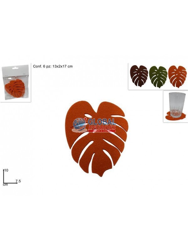 SOTTOBICCHIERI FOGLIA FELTRO 6pz 10cm COL.ASS.