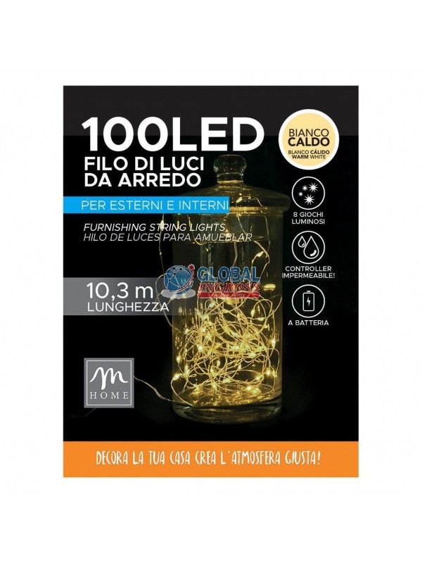 FILO 100 LED BIANCO CALDO A BATTERIA DA ESTERNO