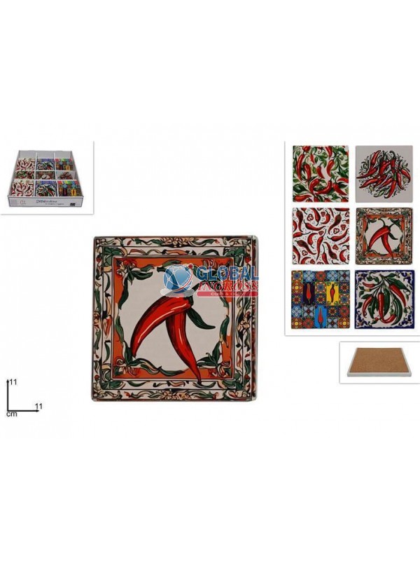 SOTTOBICCHIERE QUADRATO11cm PEPERONCINI BASE SUGHERO