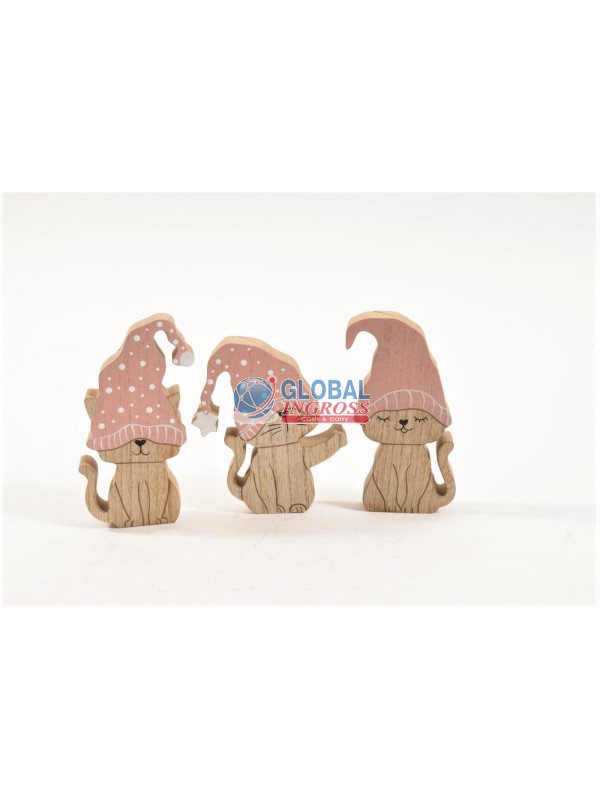 GATTO NATALE LEGNO 15cmASS. ROSA