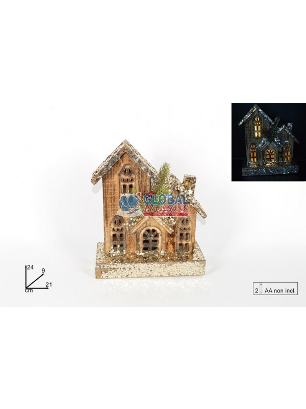 CASETTA LEGNO C/LUCE TETTO GLITTER 24cm