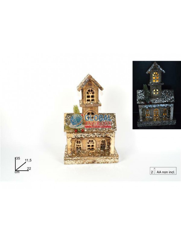 CASETTA LEGNO C/TORRE 35cm GLITTER