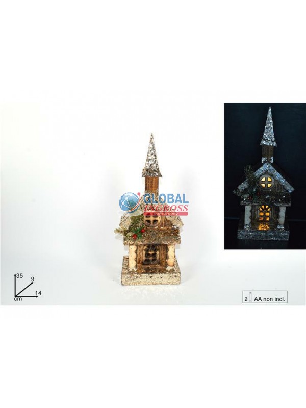 CASETTA LEGNO C/CAMPANILE 35cm C/LUCE