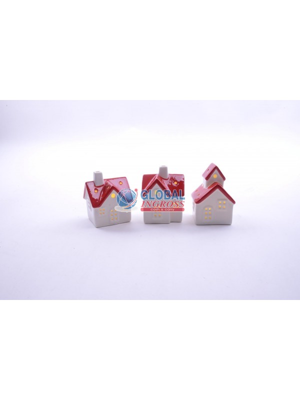 CASA BIANCA C/TETTO ROSSO PORCELLANA H.9cm C/LUCE