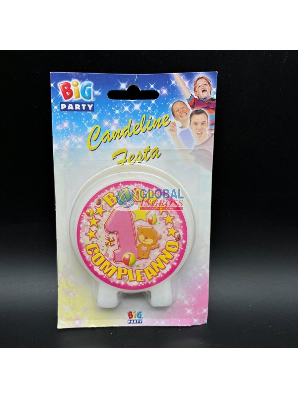 CANDELA TONDA*ROSA 1'COMPLEANNO