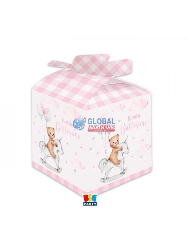 SCATOLA CUBO BATTESIMO BEAR ROSA 5x5
