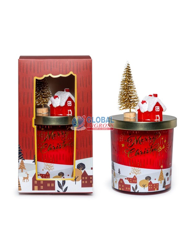 CANDELA IN BICCHIERE ROSSO C/COPERCHIO DECORATO