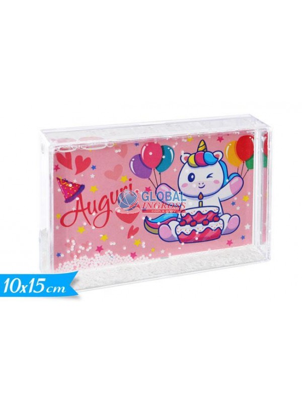 PORTAFOTO C/ACQUA 10x15AUGURI UNICORNO