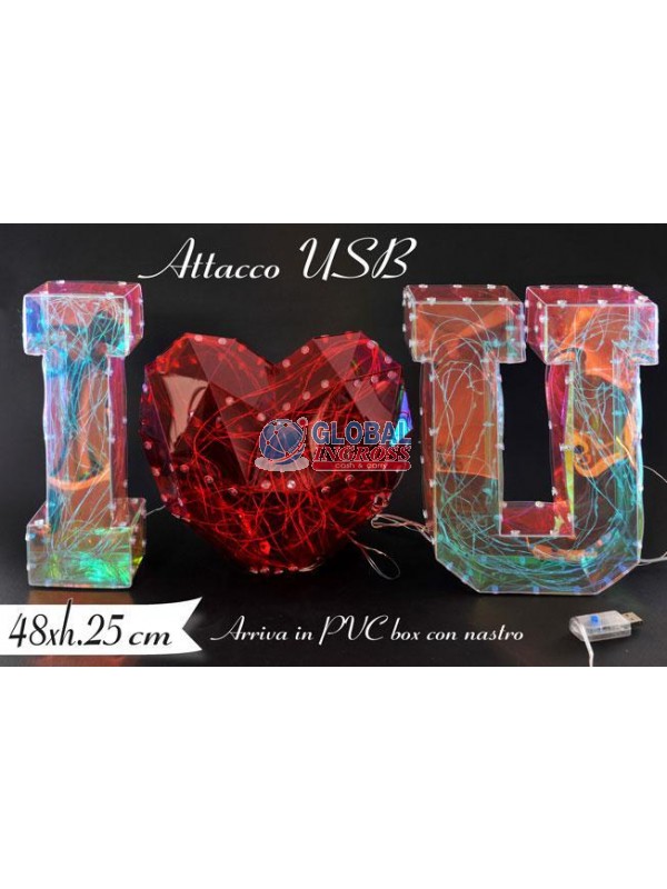SCRITTA LUMINOSA LED I LOVE U 48x25cm USB