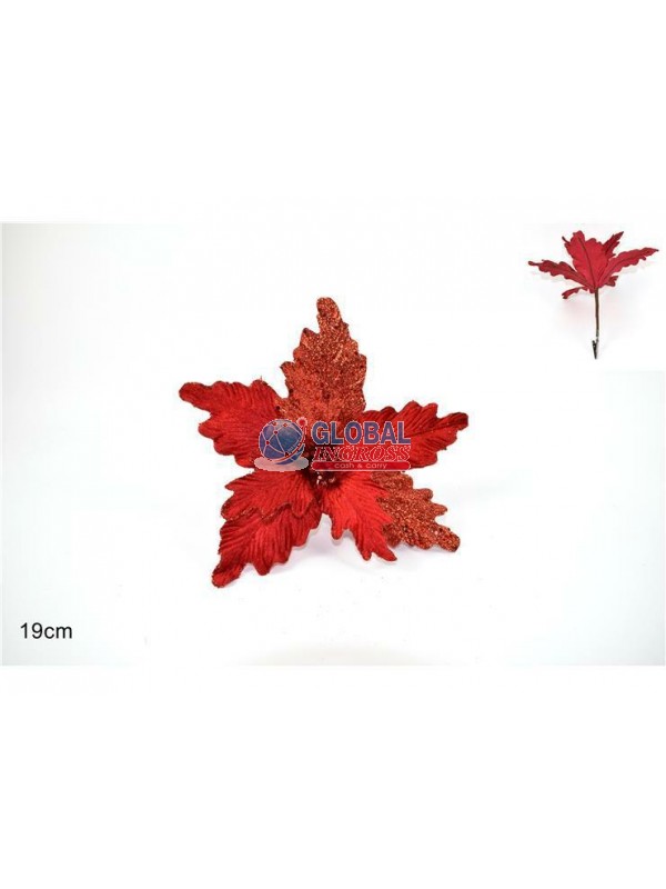 FIORE VELLUTO ROSSO C/FOGLIE GLITTER