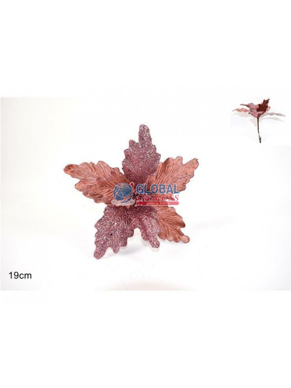 FIORE VELLUTO ROSA C/FOGLIE GLITTER