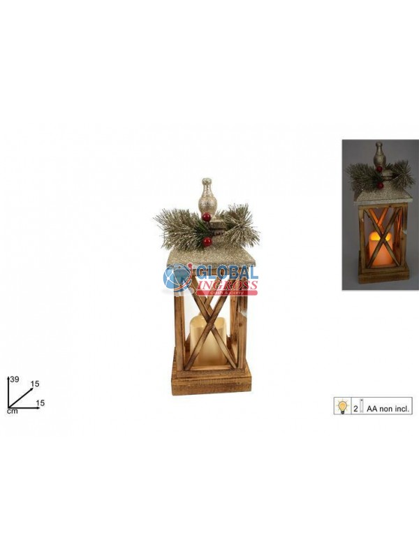 LANTERNA LEGNO GLITTER ORO C/LUMINO