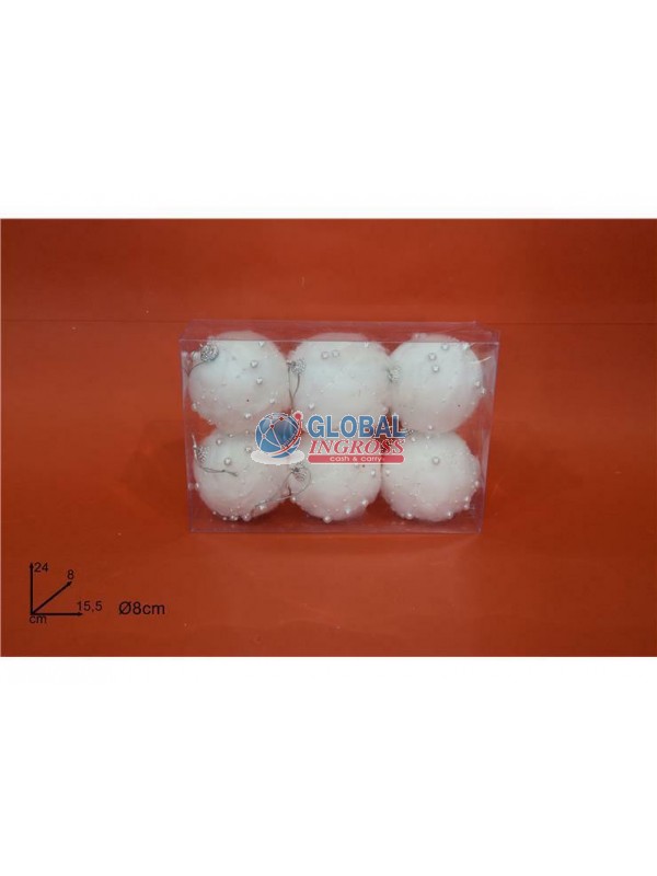 PALLE OVATTA C/PERLE BIANCO 8cm 6pz