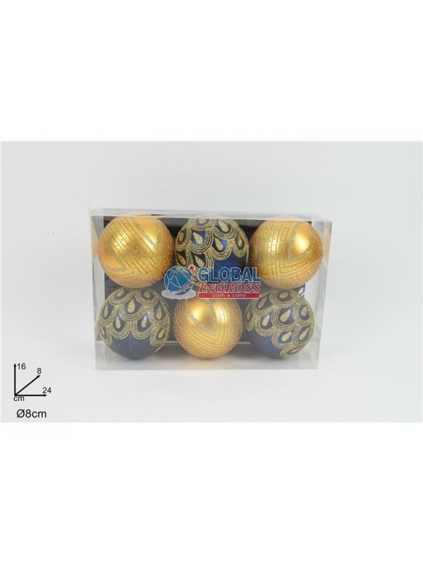 PALLE DECORO GLITTER BLU ORO 8cm 6pz