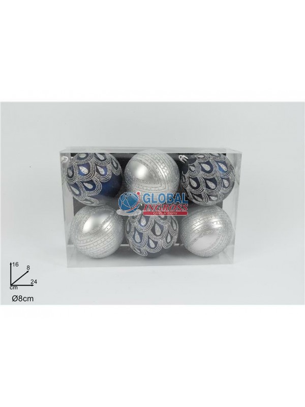 PALLE DECORO GLITTER BLU SILVER 8cm 6pz