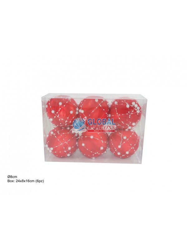 PALLE OVATTA C/PERLE ROSSO 8cm 6pz