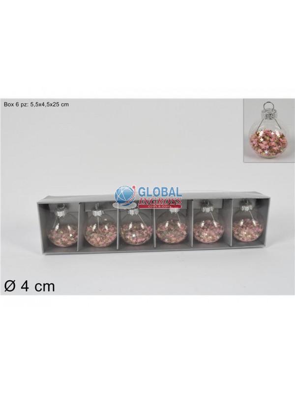 PALLE VETRO 4cm 6pz C/STELLE ROSA/ORO