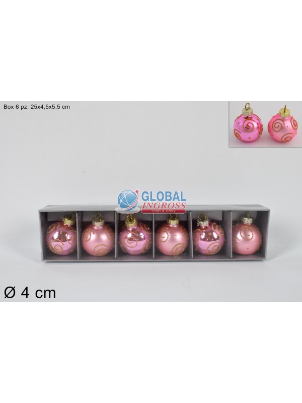 PALLE VETRO 4cm 6pz ROSA C/GLITTER