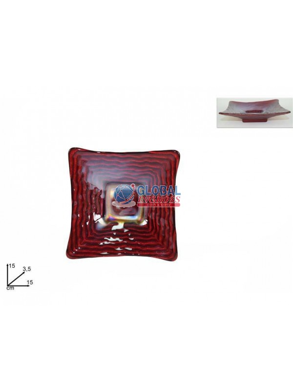 PIATTINO VETRO ONDA 15x15cm ROSSO