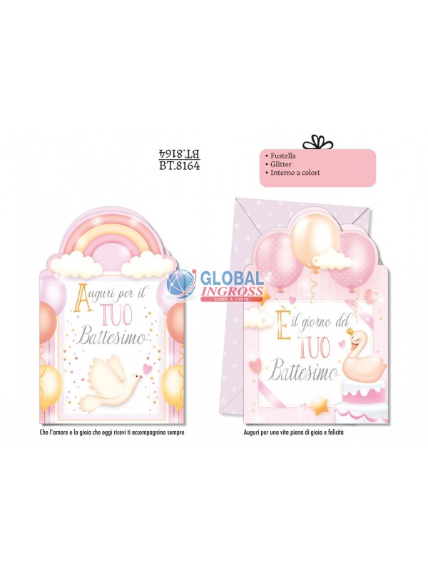 BIGLIETTO BATTESIMO FUSTELLA ROSA
