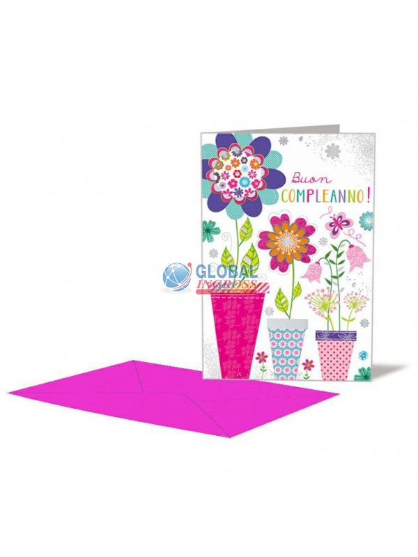 BIGLIETTO COMPLEANNO VASI FIORI