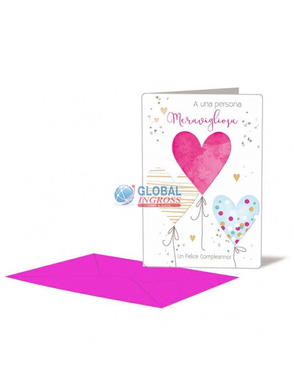 BIGLIETTO COMPLEANNO FLOWERS CUORI