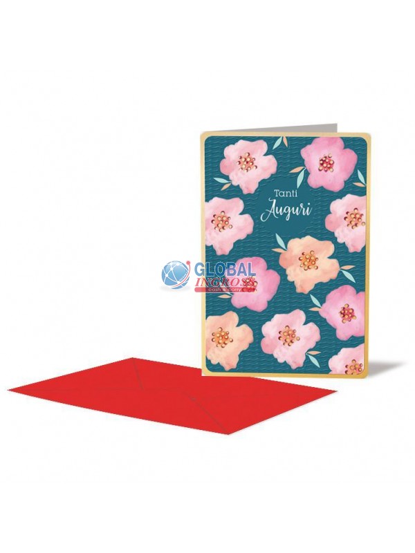 BIGLIETTO COMPLEANNO GOLD WISHES FIORI