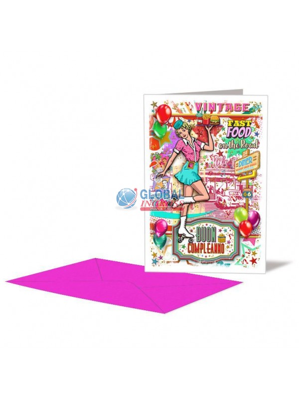 BIGLIETTO COMPLEANNO VINTAGE FAST FOOD