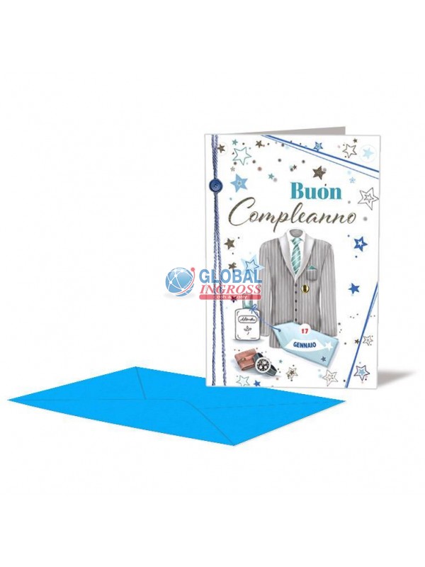 BIGLIETTO COMPLEANNO MASCHILE GIACCA DOPPIA ROTELLA