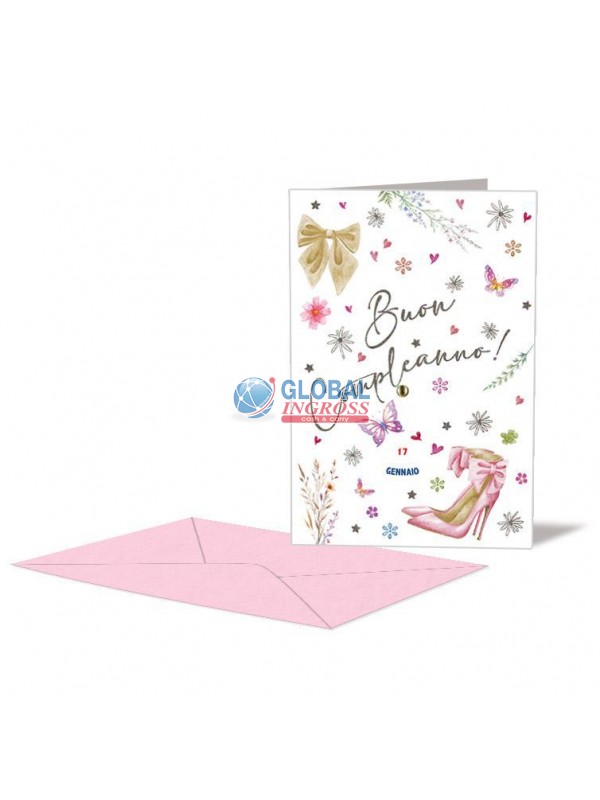 BIGLIETTO COMPLEANNO FEMMINILE SCARPE DOPPIA ROTELLA
