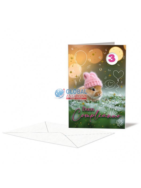 BIGLIETTO COMPLEANNO C/ROTELLA CONIGLIETTA 1-9 ANNI