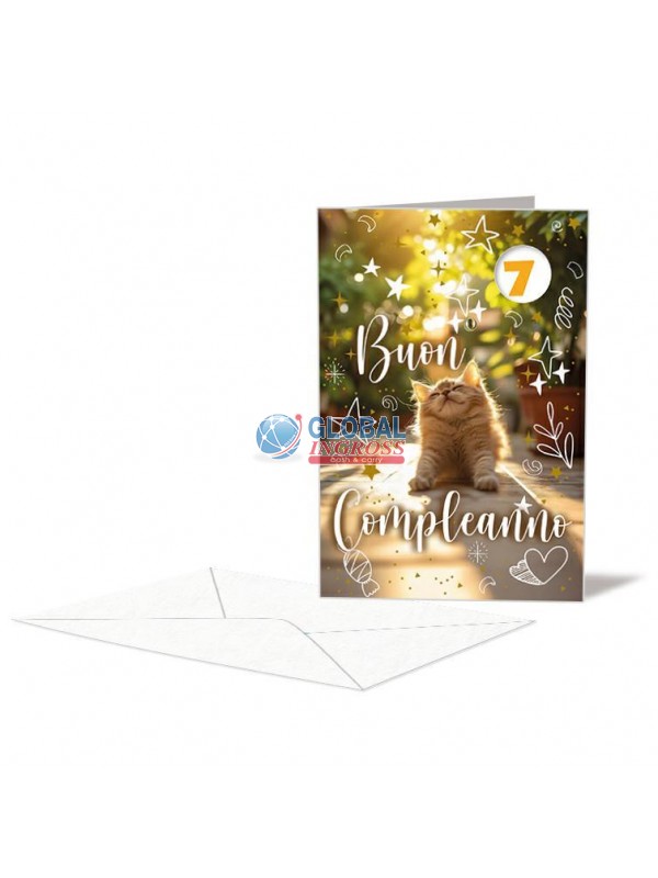 BIGLIETTO COMPLEANNO C/ROTELLA GATTINO 1-9 ANNI