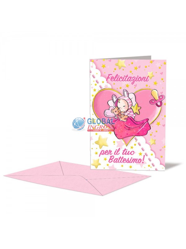 BIGLIETTO BATTESIMO ROSA