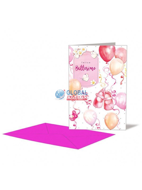 BIGLIETTO BATTESIMO SCARPINE ROSA