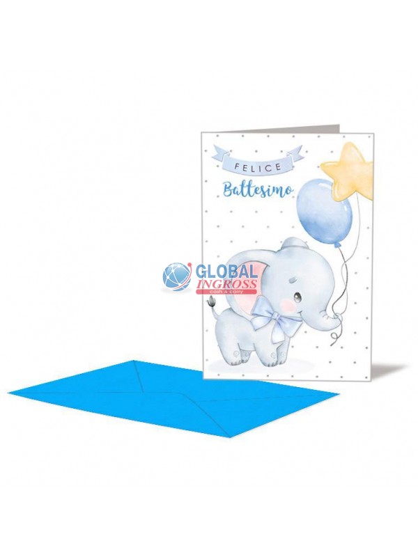 BIGLIETTO BATTESIMO ELEFANTINO AZZURRO