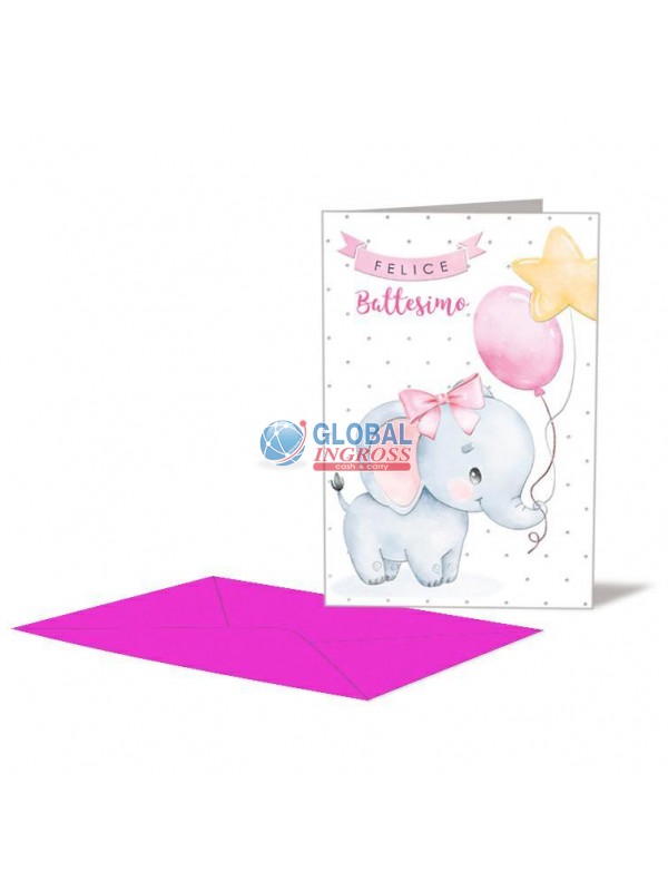 BIGLIETTO BATTESIMO ELEFANTINO ROSA