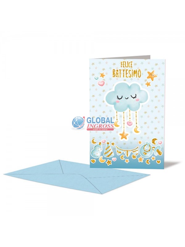 BIGLIETTO BATTESIMO CELESTE NUVOLA