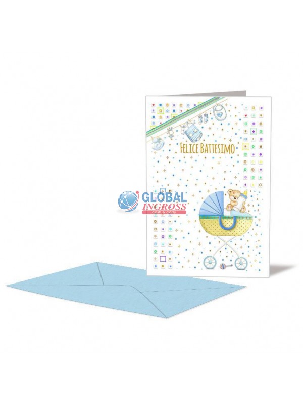 BIGLIETTO BATTESIMO CARROZZINA AZZURRA