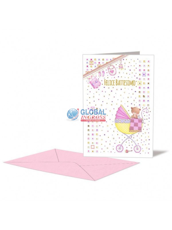 BIGLIETTO BATTESIMO CARROZZINA ROSA