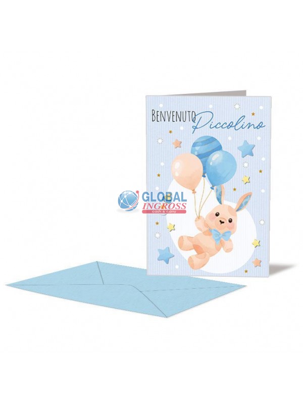 BIGLIETTO NASCITA AZZURRO CONIGLIETTO