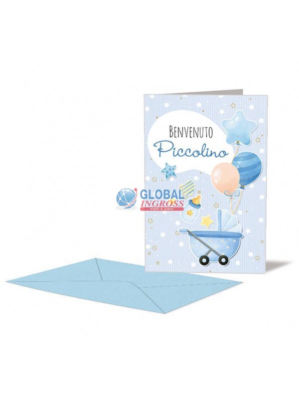 BIGLIETTO NASCITA AZZURRO CARROZZINA