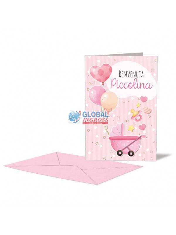 BIGLIETTO NASCITA ROSA CARROZZINA