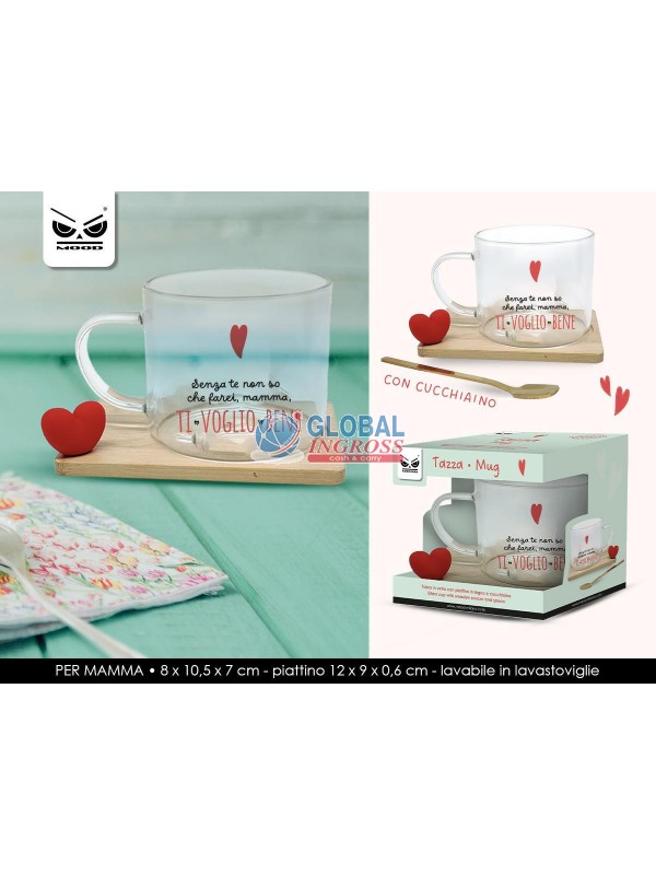TAZZA MAMMA VETRO C/PIATTINO LEGNO TI VOGLIO BENE
