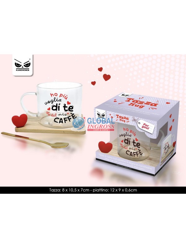 TAZZA LOVE VETRO C/PIATTINO LEGNO HO PIU' VOGLIA...
