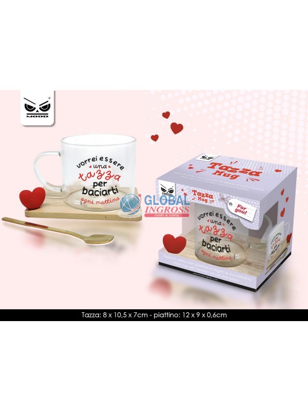 TAZZA LOVE VETRO C/PIATTINO LEGNO VORREI ESSERE...