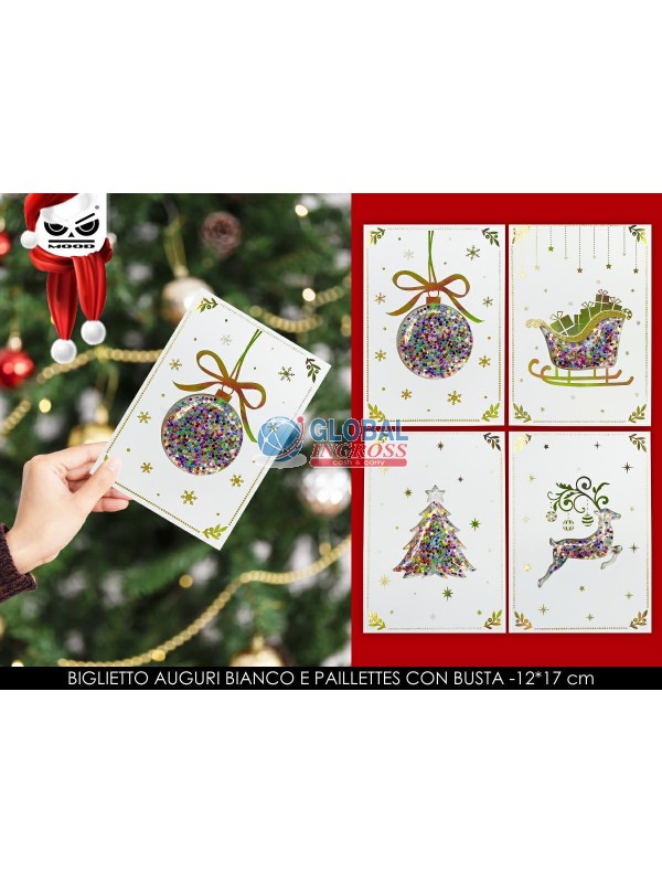 BIGLIETTO NATALE BIANCOE PAILLETTES